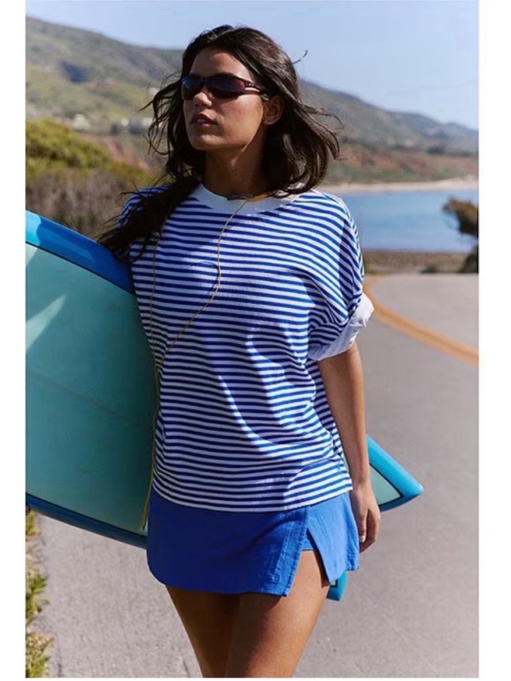 NWT FP Movement by Free People Tackle Printed Tee Court Stripe Electric Blue